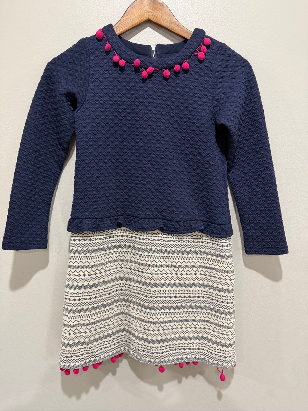 deux par deux Navy Knit Top with Cream Patterned Skirt and Pink Pom-Poms size 10